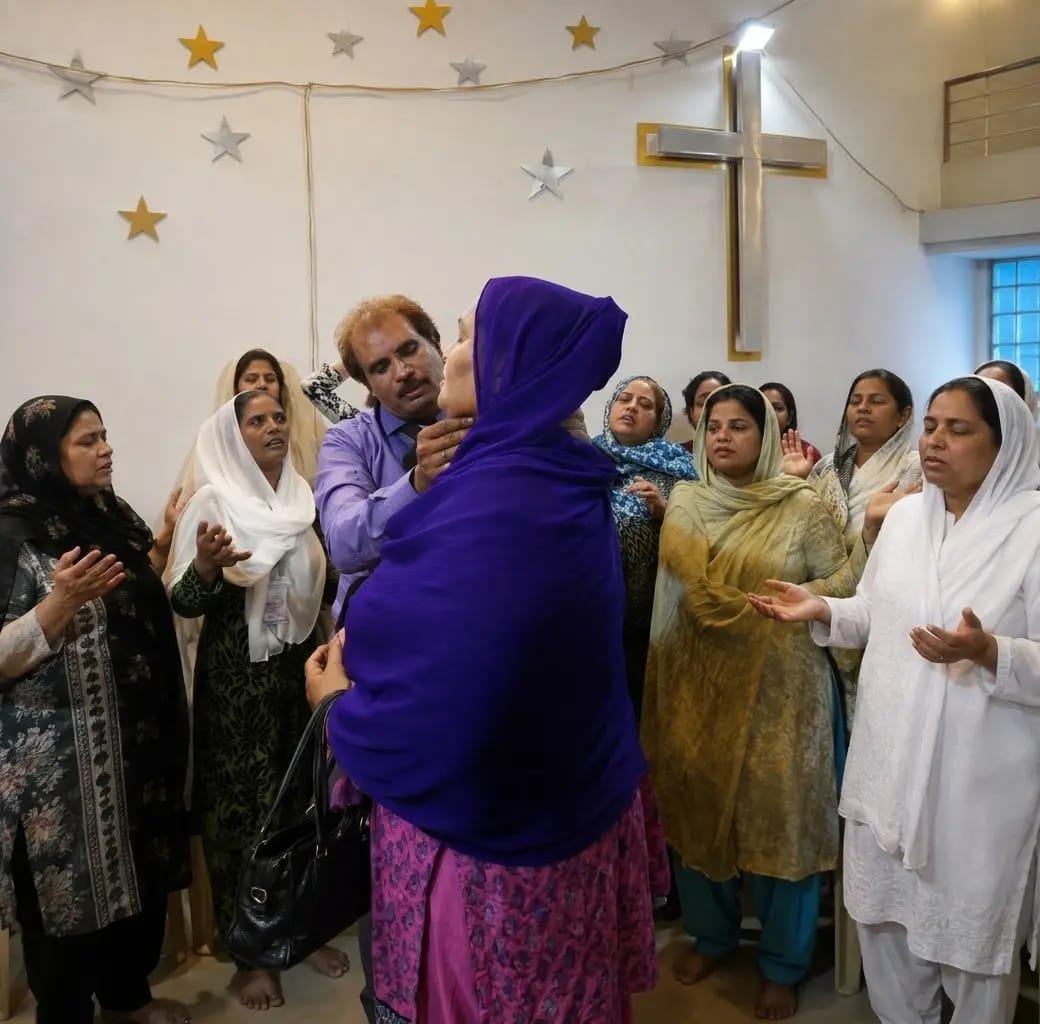 Pastor Yousaf Hussain praying with a church member before the cross at Church of Christ Assembly in Pakistan