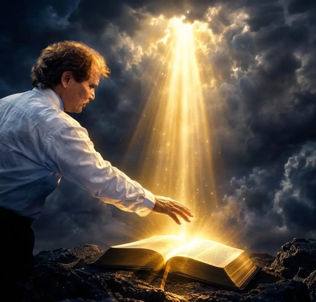 Man praying with open Bible as heavenly light shines down - Hope is Found in Jesus Christ