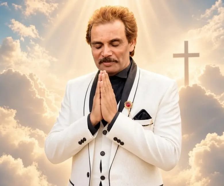 Man in white suit praying with hands clasped, golden light and cross in background symbolizing faith and trust in God